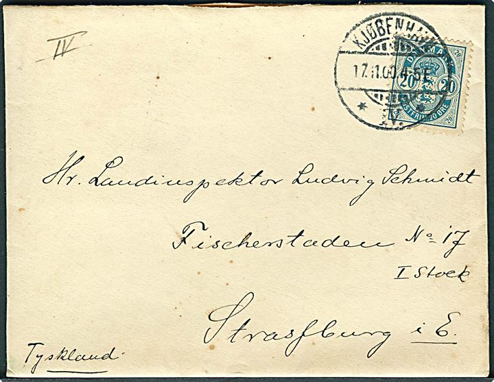 20 øre Våben på brev fra Kjøbenhavn d. 17.11.1900 til Strassburg, Tyskland. 