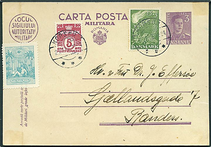 3 Lei rumænsk helsagsbrevkort anvendt som brevkort og frankeret med 5 øre Bølgelinie og 15+5 øre Frihedsfonden stemplet Korsør d. 26.1.1948 til Randers. Fold.