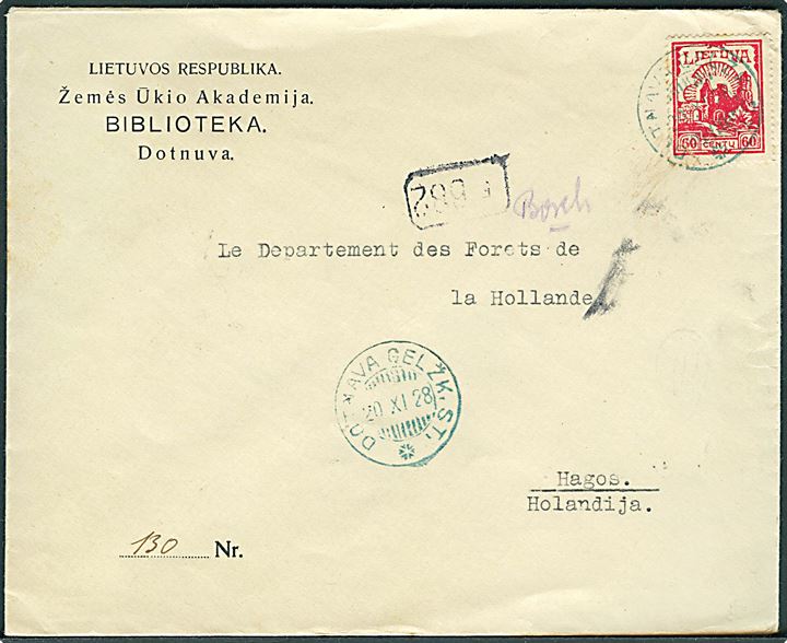 60 cent. Borgruin single på brev fra Dotnuva d. 20.11.1928 til Haag, Holland.