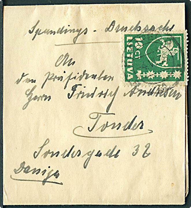 10 c. Våben single på korsbånd sendt som tryksag fra Klaipeda d. 4.6.1938 til Tønder, Danmark.