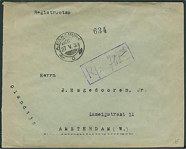 10 c. Kors (2) og 1 lit. Ridder på bagsiden af anbefalet brev fra A. Panemune d. 27.5.1932 til Amsterdam. Holland.
