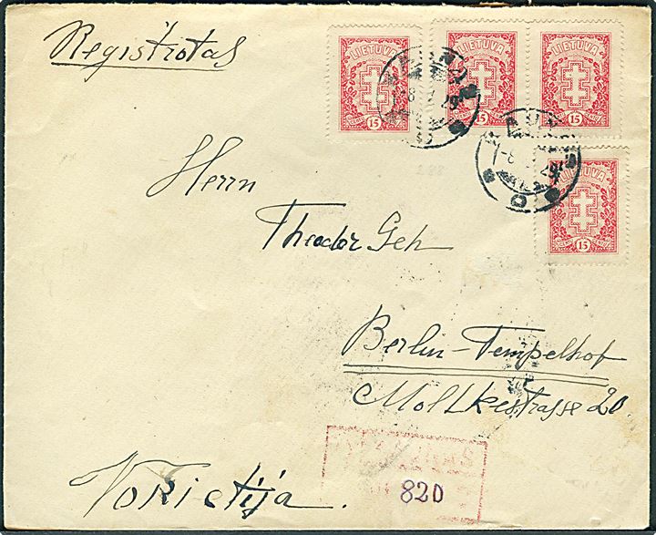 15 c. Kors tegning (4) på anbefalet brev fra Kaunas d. 8.5.1929 til Berlin-Tempelhof, Tyskland. 1 mærke med kort hj.tak.