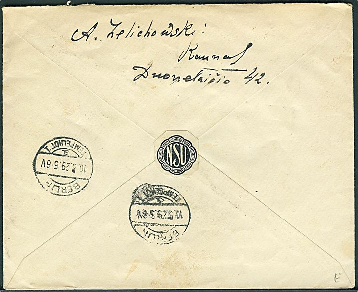 15 c. Kors tegning (4) på anbefalet brev fra Kaunas d. 8.5.1929 til Berlin-Tempelhof, Tyskland. 1 mærke med kort hj.tak.