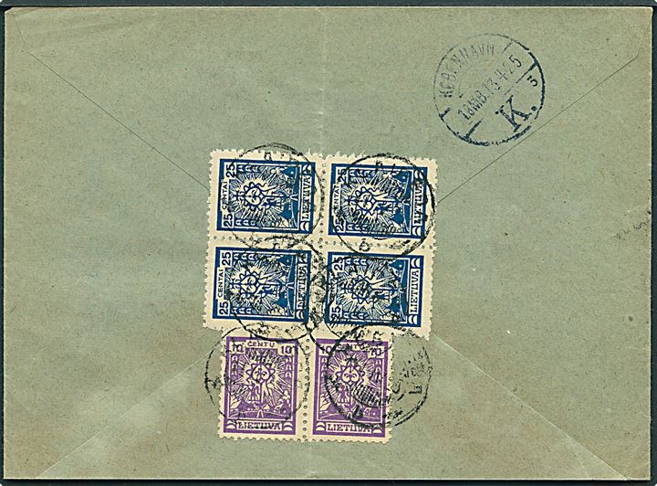 10 c. (2) og 25 c. (fireblok) Kors udg. på bagsiden af fortrykt kuvert sendt anbefalet fra Klaipeda d. 11.4.1925 til Caucasian Oil Company Ltd. i København, Danmark.