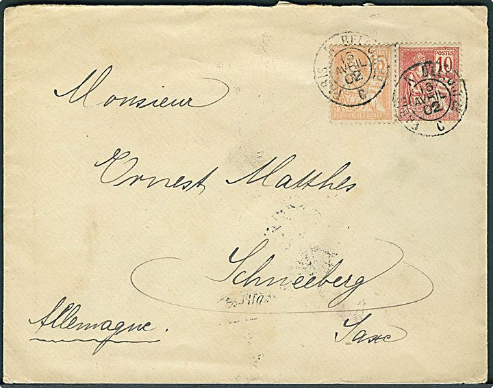 10 c. og 15 c. på brev annulleret med bureaustempel Paris a Belfort C d. 16.4.1902 til Schneeberg, Tyskland.