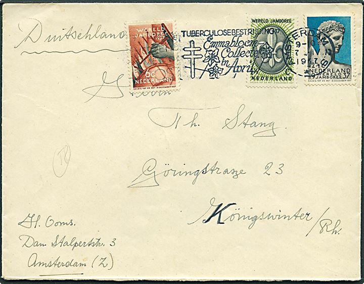 Jamboree udg. 1937 på brev fra Amsterdam d. 7.4.1937 til Königswinter, Tyskland.