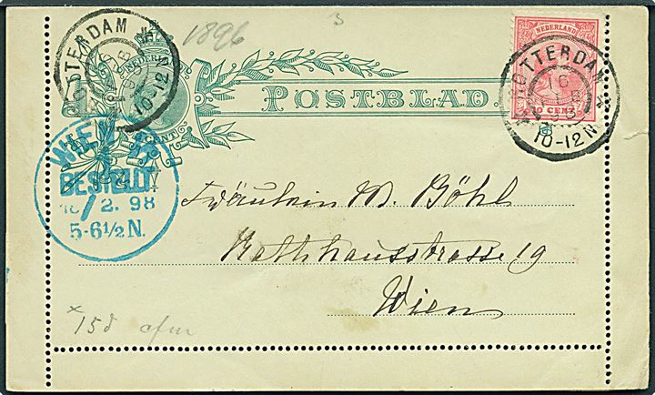 3 cent helsags korrespondancekort opfrankeret med 10 cent Wilhelmine fra Rotterdam d. 16.2.1898 til Wien, Østrig.
