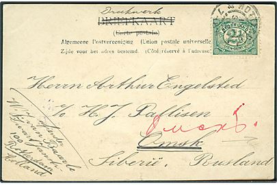 2½ c. Ciffer på brevkort sendt som tryksag fra Rotterdam d. 12.9.1902 til Omsk, Sibirien. På bagsiden russisk tryksags-kontrol stempel (censur) fra Moskva.