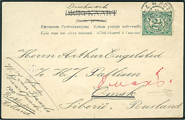 2½ c. Ciffer på brevkort sendt som tryksag fra Rotterdam d. 12.9.1902 til Omsk, Sibirien. På bagsiden russisk tryksags-kontrol stempel (censur) fra Moskva.