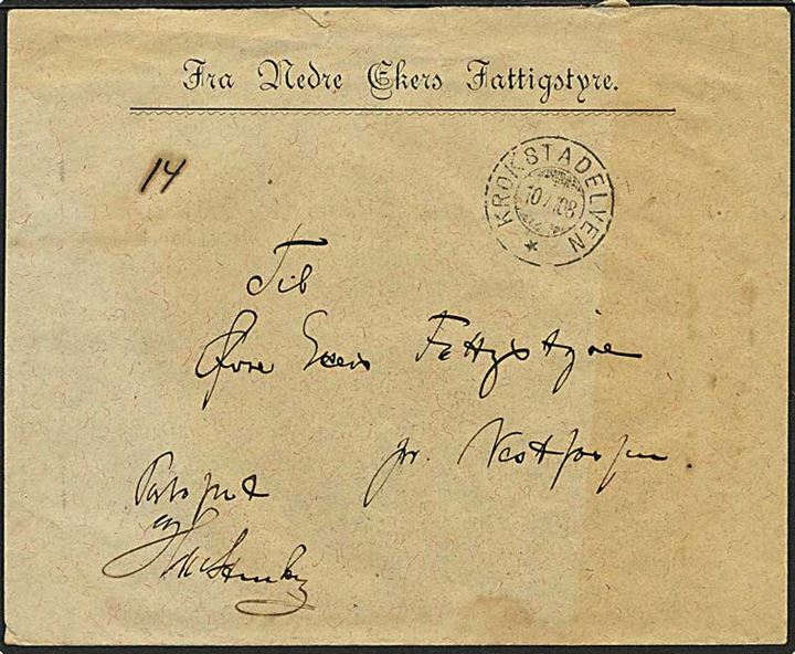 Ufrankeret tjenestebrev fra Nedre Ekers Fattigstyre stemplet Krokstadelven d. 10.7.1908 til Øvre Ekers Fattigstyre pr. Vestfossen. Påskrevet Porto frit.