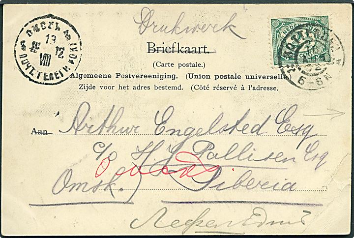 2½ c. Ciffer på brevkort sendt som tryksag fra Rotterdam d. 16.8.1902 til Omsk, Sibirien. På bagsiden russisk tryksags-kontrol stempel (censur) fra Moskva.