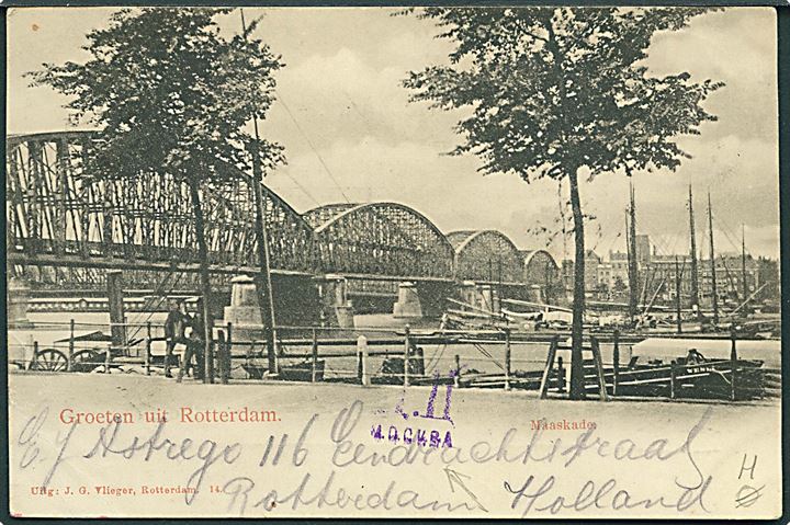 2½ c. Ciffer på brevkort sendt som tryksag fra Rotterdam d. 16.8.1902 til Omsk, Sibirien. På bagsiden russisk tryksags-kontrol stempel (censur) fra Moskva.