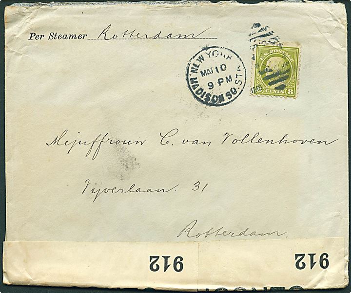 8 cents Washington på brev fra New York d. 10.5.1915 til Rotterdam, Holland. Påskrevet skibsnavn: Rotterdam. Åbnet af britisk censur no. 912.