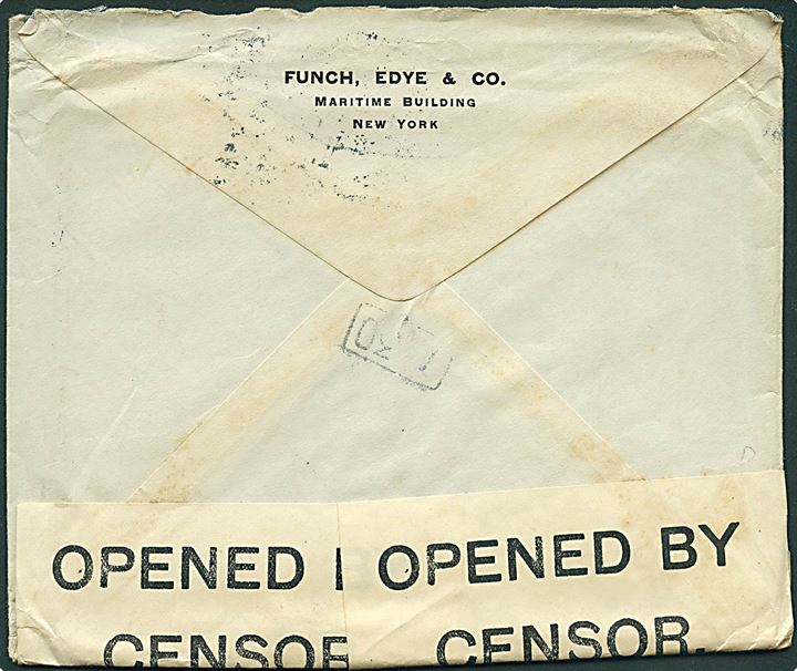 8 cents Washington på brev fra New York d. 10.5.1915 til Rotterdam, Holland. Påskrevet skibsnavn: Rotterdam. Åbnet af britisk censur no. 912.