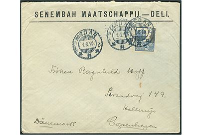 12½ c. på brev fra Medan d. 1.6.1916 til Hellerup, Danmark. Ank.stemplet Hellerup d. 28.8.1916. Uden censur.