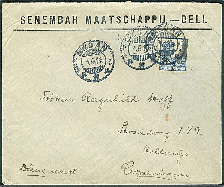 12½ c. på brev fra Medan d. 1.6.1916 til Hellerup, Danmark. Ank.stemplet Hellerup d. 28.8.1916. Uden censur.