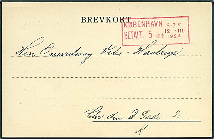 5 øre posthusfranko på lokalt brevkort i København d. 12.3.1924. Meget tidlig anvendelse af frankostempler.