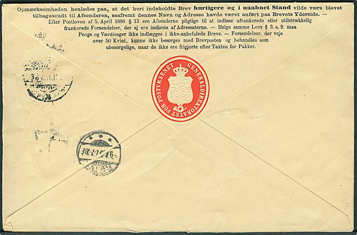Fortrykt Franco kuvert fra Generaldirektoratet for Postvæsenet i Kjøbenhavn d. 8.11.1897 til Skive. Kuvert til returnering af ubesørgelige breve