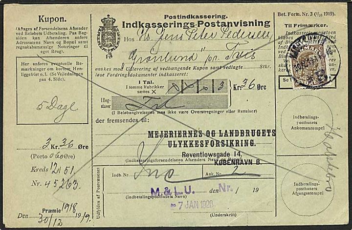 25 øre Chr. X med perfin M.L.U. (Mejeriernes og Landbrugets Ulykkeforsikring) på retur Indkasserings-Postanvisning fra Kjøbenhavn d. 30.12.1919 til Grønlund pr. Tvis. Retur som Indløsning nægtet.