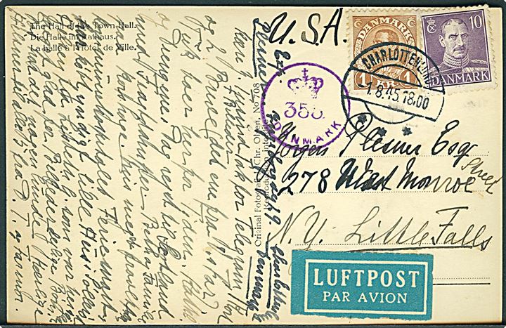 10 øre og 1 kr. Chr. X på luftpost brevkort fra Charlottenlund d. 1.8.1945 til Little Falls, USA. Dansk efterkrigscensur (krone)/355/Danmark.