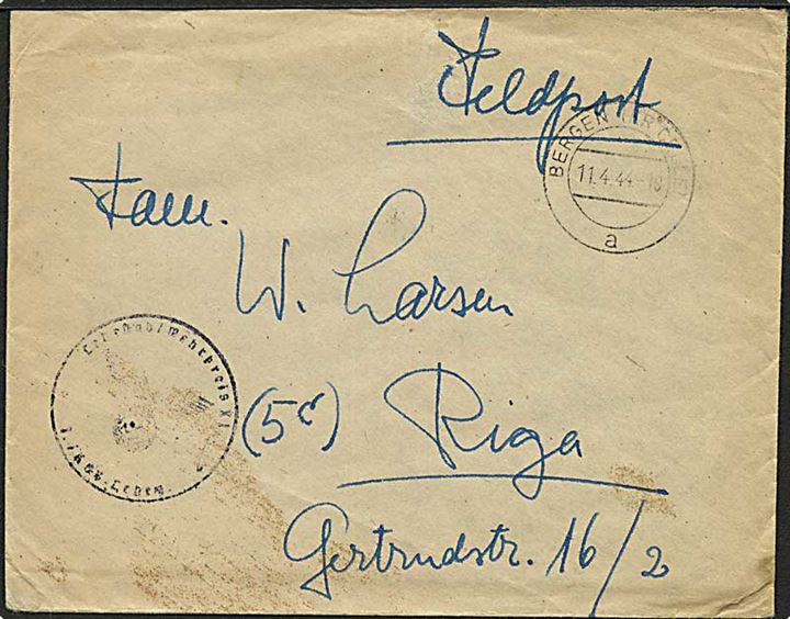 Ufrankeret feltpostbrev fra Bergen (kr. Celle) d. 11.4.1944 til Riga, Letland. Svagt briefstempel. 