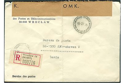 Ufrankeret anbefalet postsag fra Wroslaw d. 5.3.1976 til København V. Lukket med interessant fortrykt banderole København OMK..