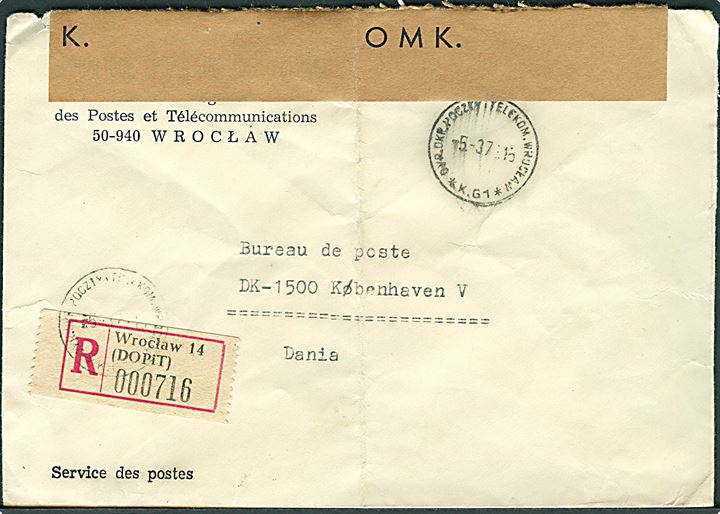 Ufrankeret anbefalet postsag fra Wroslaw d. 5.3.1976 til København V. Lukket med interessant fortrykt banderole København OMK..