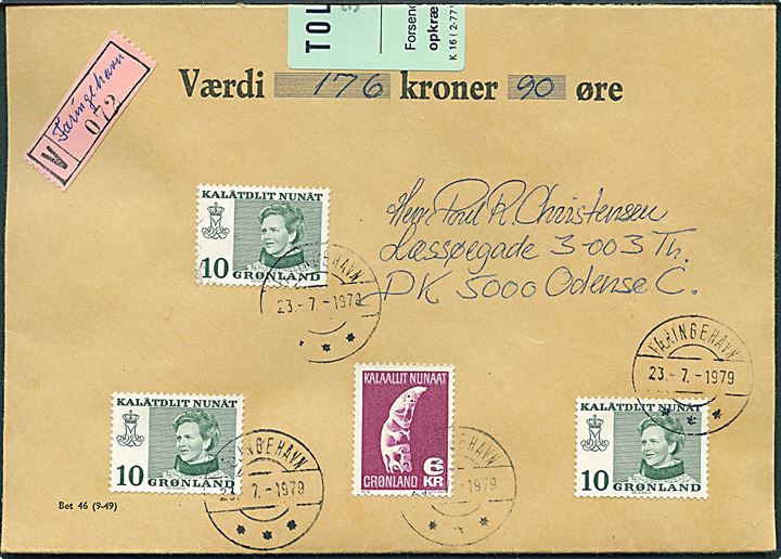 10 øre Margrethe (3) og 6 kr. Tupilak på værdibrev fra Færingehavn d. 23.7.1979 til Odense, Danmark. Blanko- værdietiket med håndskrevet Færingehavn.