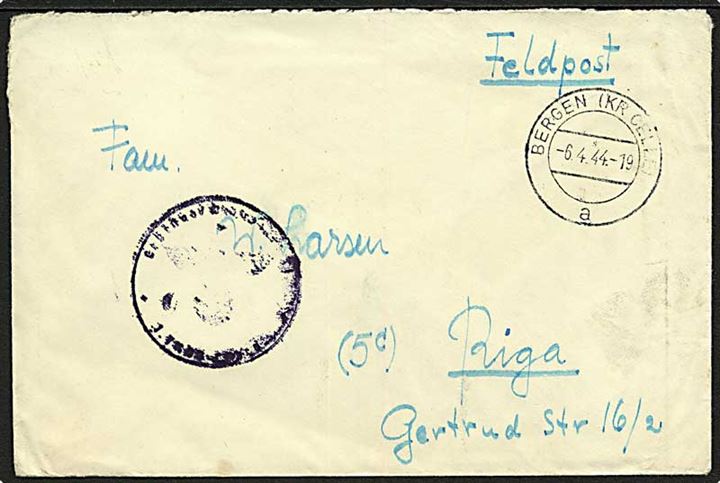 Ufrankeret feltpostbrev fra Bergen (kr. Celle) d. 6.4.1944 til Riga, Letland. Svagt briefstempel. Bemærk anvendelse af postleitzahle 5c for Ostland.