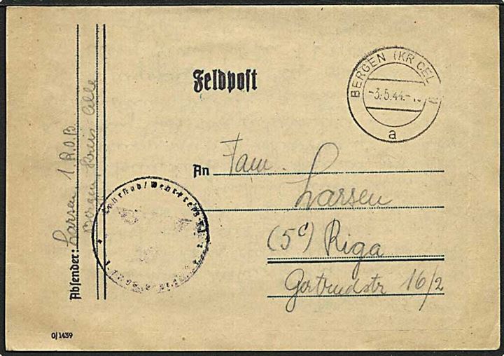 Ufrankeret feltpost-foldebrev fra Bergen (kr. Celle) d. 3.5.1944 til Riga, Letland. Svagt briefstempel. Bemærk anvendelse af postleitzahle 5c for Ostland.