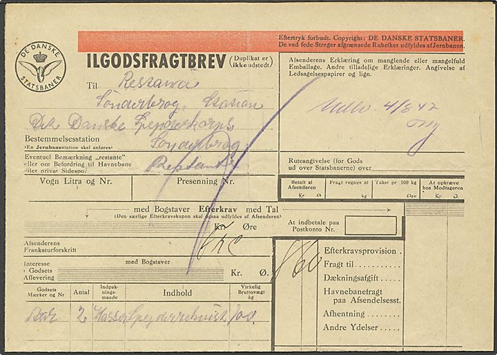 Ilgodsfragtbrev med 8,60 kr. grønt D.S.B. frankostempel fra København d. 29.7.1947 til Det Danske Spejderkorps, Sønderborg.