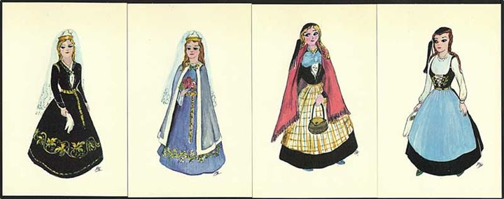4 postkort med islandske kvinder i nationaldragter. No. 1 til 4. 