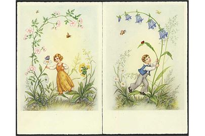 2 postkort med børn og blomster. Pastell no. 3664.