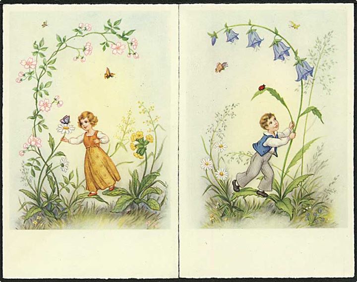 2 postkort med børn og blomster. Pastell no. 3664.