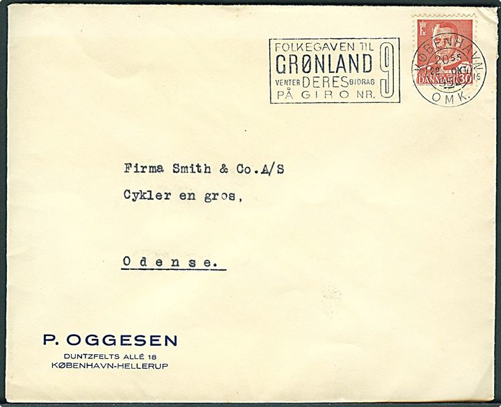 30 øre Fr. IX på brev annulleret med TMS Folkegaven til Grønland .../København OMK.15 d. 22.10.1952 til Odense.