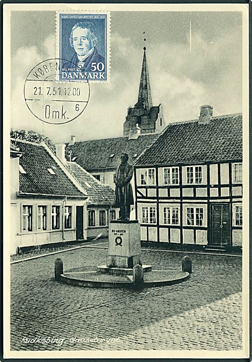 50 øre H. C. Ørsted på uadresseret maxikort (Gaasetorvet i Rudkøbing med H.C.Ørsted statue) annulleret København d. 21.7.1951. 