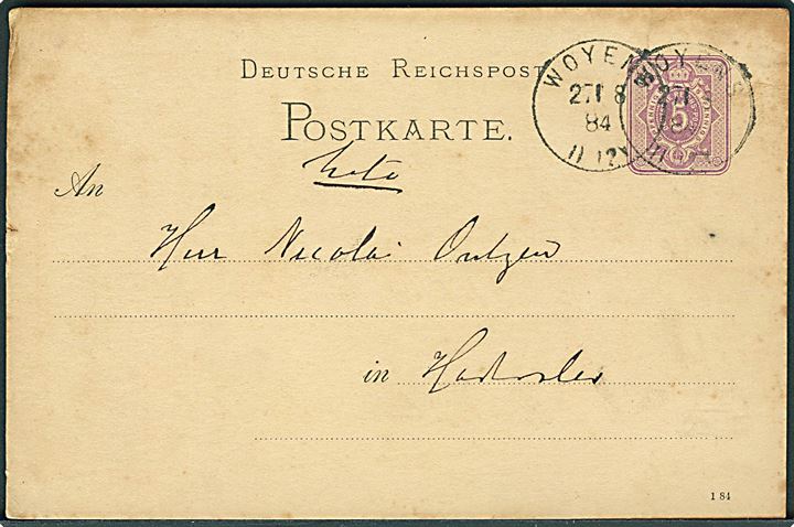 5 pfg. helsagsbrevkort annulleret med enringsstempel Woyens d. 27.8.1884 til Haderslev.