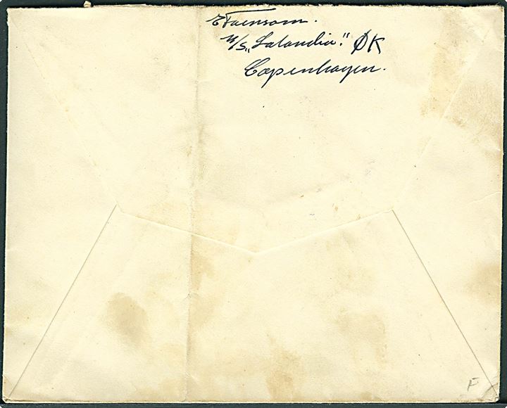 15 øre Chr. X 60 års udg. på brev annulleret med liniestempel: M/S Lalandia til København. Lodret fold.