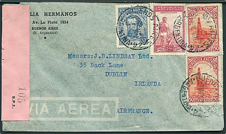 1,45 p. blandingsfrankeret luftpostbrev fra Buenos Aires d. 19.1.1940 til Dublin, Ireland. Åbnet af irsk censur med 2-sproget banderole S.P.1. stemplet 105.