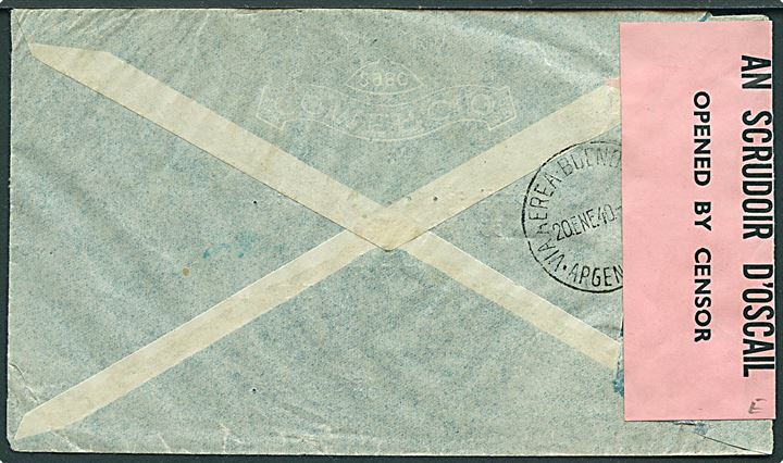 1,45 p. blandingsfrankeret luftpostbrev fra Buenos Aires d. 19.1.1940 til Dublin, Ireland. Åbnet af irsk censur med 2-sproget banderole S.P.1. stemplet 105.