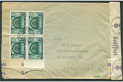 10 f. i fireblok på brev fra Budapest d. 21,11,1940 til København, Danmark. Åbnet af lokal censur i Ungarn og tysk censur i Wien.