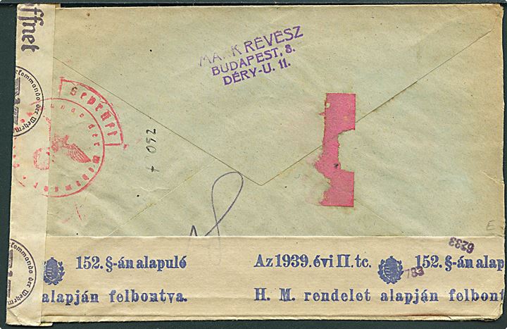 10 f. i fireblok på brev fra Budapest d. 21,11,1940 til København, Danmark. Åbnet af lokal censur i Ungarn og tysk censur i Wien.