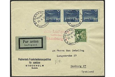 10 öre Natluftpost i 3-stribe og 5 öre Løve på luftpostbrev stamplet Stockholm Luftpost d. 11.5.1931 til Hamburg, Tyskland. Rødt stempel: Mit Luftpost befördert Hamburg 1.