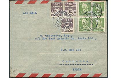 10 øre (3) Bølgelinie og 15 øre Fr. IX i fireblok på luftpostbrev fra København d. 4.6.1949 til Calcutta, Indien.