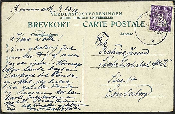 15 øre Chr. IV postjubilæum på brevkort stemplet Faarhus d. 25.12.1924 til Sønderborg. Mærke med fold.