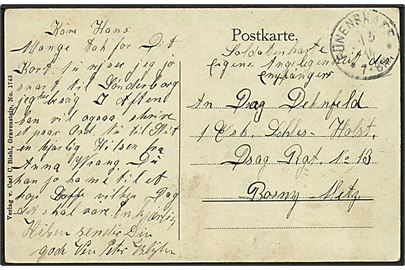 Ufrankeret soldaterbrevkort (Gruss aus Warnitzwig) med enringstempel Fünenshaff d. 2.3.1914 til soldat i Metz. Påskrevet: Soldatenkarte eigene Angelenenheit der empfänger.