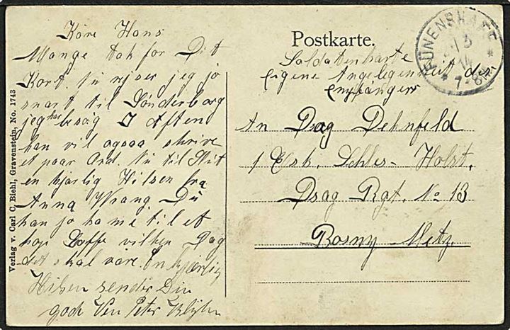 Ufrankeret soldaterbrevkort (Gruss aus Warnitzwig) med enringstempel Fünenshaff d. 2.3.1914 til soldat i Metz. Påskrevet: Soldatenkarte eigene Angelenenheit der empfänger.