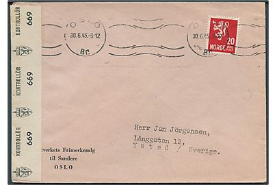 20 øre Løve på brev fra Oslo d. 30.6.1945 til Ystad, Sverige. Åbnet af norsk efterkrigscensur no. 669.