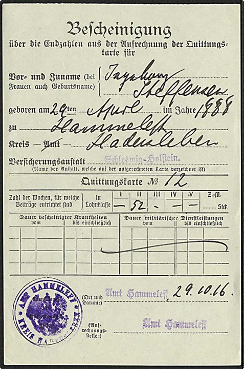Kvittering dateret 29.10.1916 med stempel Amt Hammeleff og Amt Hammeleff * Kreis Hadersleben *