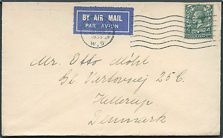4d George V single på luftpostbrev fra Ealing d. 29.3.1935 til Hellerup, Danmark.